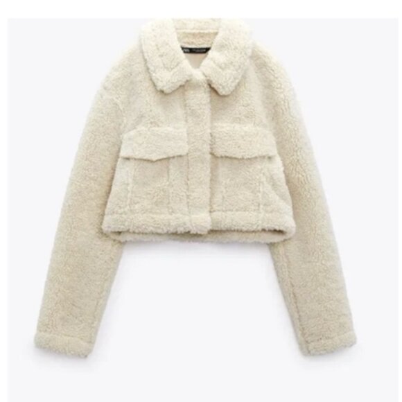 Zara Cream Sherpa Cropped Jacket XS - Picture 3 of 7